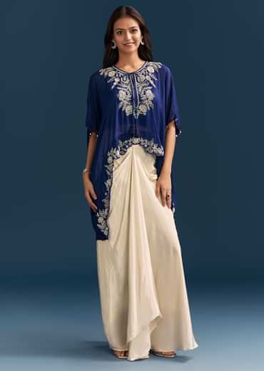 Blue Cape Crop Top Skirt Set With Embroidered Details