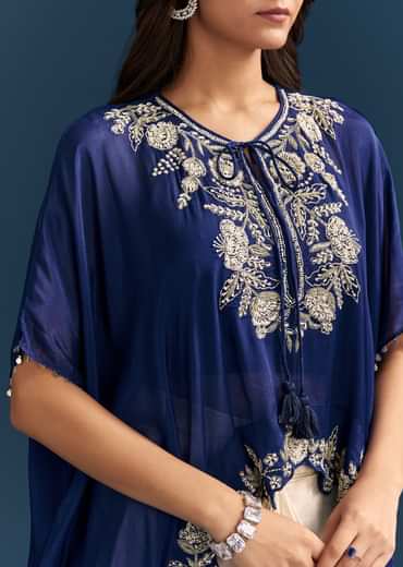 Blue Cape Crop Top Skirt Set With Embroidered Details