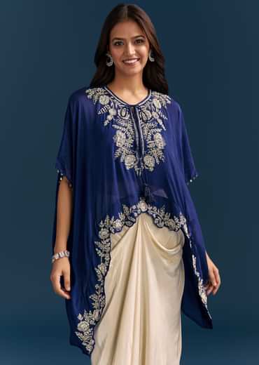 Blue Cape Crop Top Skirt Set With Embroidered Details