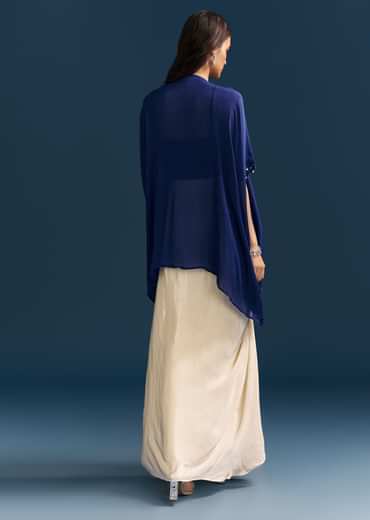 Blue Cape Crop Top Skirt Set With Embroidered Details