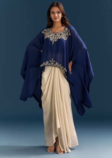 Blue Cape Crop Top Skirt With Moti And Cut Dana Work