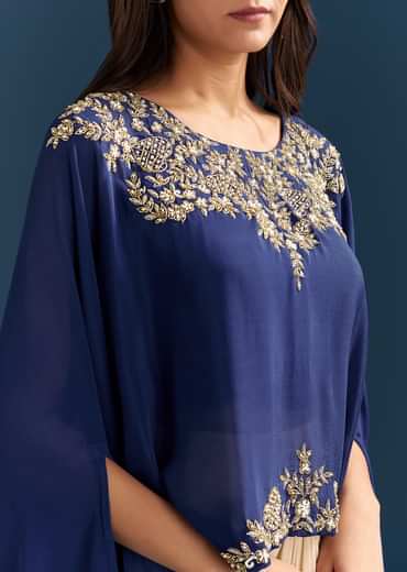 Blue Cape Crop Top Skirt With Moti And Cut Dana Work