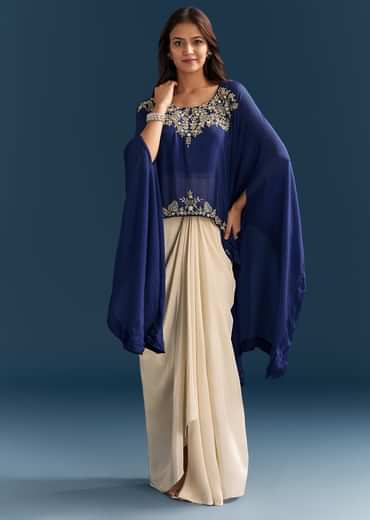 Blue Cape Crop Top Skirt With Moti And Cut Dana Work