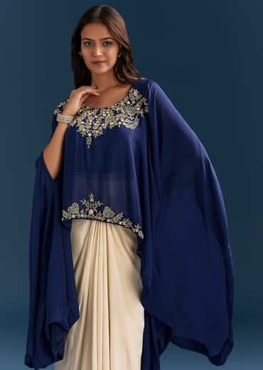 Blue Cape Crop Top Skirt With Moti And Cut Dana Work