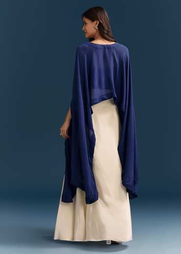 Blue Cape Crop Top Skirt With Moti And Cut Dana Work