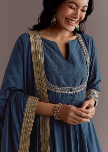 Blue Chanderi Anarkali Dupatta Suit With Gotta And Moti Detail