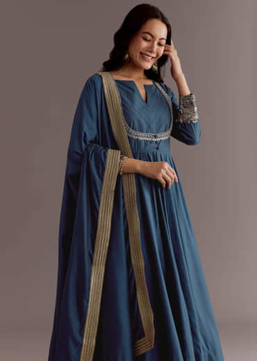 Blue Chanderi Anarkali Dupatta Suit With Gotta And Moti Detail