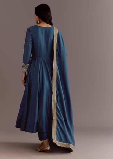 Blue Chanderi Anarkali Dupatta Suit With Gotta And Moti Detail