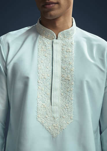 Blue Chanderi Kurta Set For Men With Kashmiri Hand Work