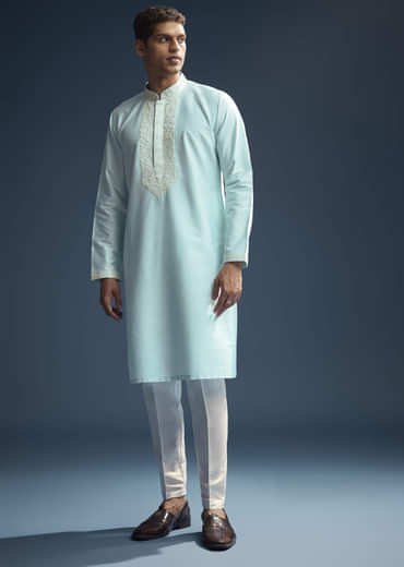 Blue Chanderi Kurta Set For Men With Kashmiri Hand Work