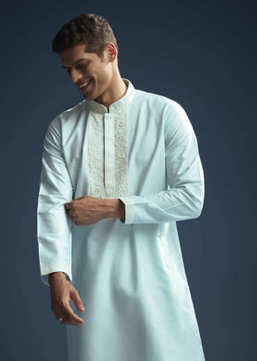 Blue Chanderi Kurta Set For Men With Kashmiri Hand Work