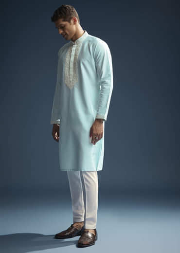 Blue Chanderi Kurta Set For Men With Kashmiri Hand Work
