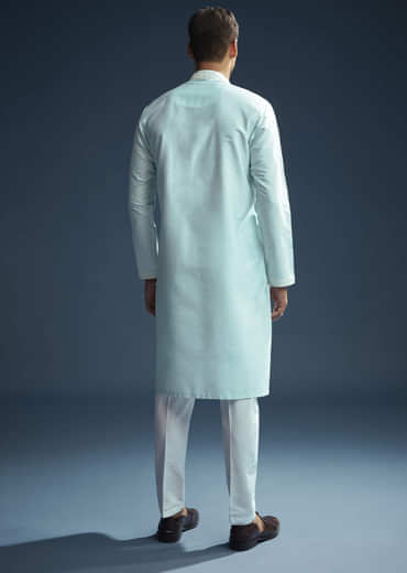 Blue Chanderi Kurta Set For Men With Kashmiri Hand Work