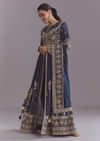 Blue Chinon Anarkali Suit With Embroidery And Front Slit