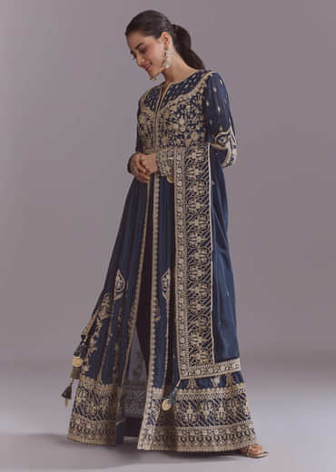 Blue Chinon Anarkali Suit With Embroidery And Front Slit