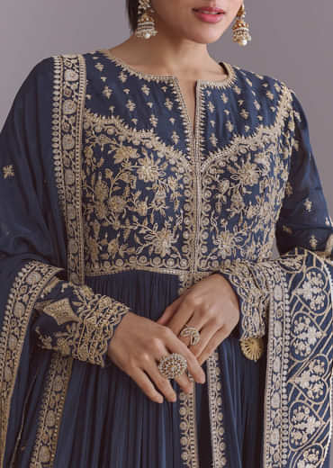 Blue Chinon Anarkali Suit With Embroidery And Front Slit