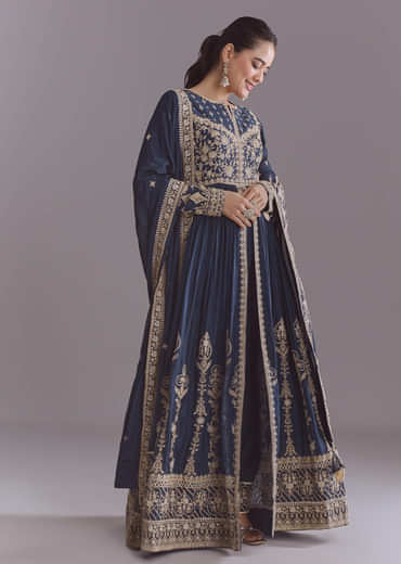 Blue Chinon Anarkali Suit With Embroidery And Front Slit