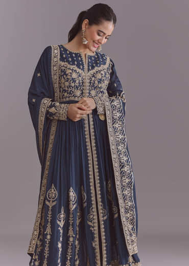 Blue Chinon Anarkali Suit With Embroidery And Front Slit