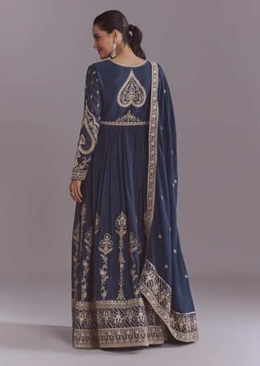 Blue Chinon Anarkali Suit With Embroidery And Front Slit