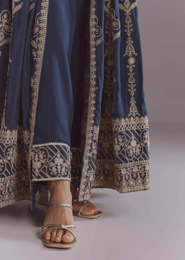 Blue Chinon Anarkali Suit With Embroidery And Front Slit