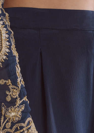 Blue Chinon Anarkali Suit With Embroidery And Front Slit