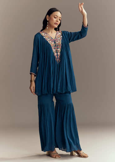 Blue Chinon Indo Western Top And Sharara Set With Moti Work