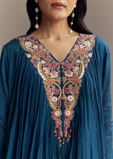 Blue Chinon Indo Western Top And Sharara Set With Moti Work