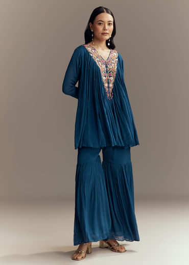 Blue Chinon Indo Western Top And Sharara Set With Moti Work
