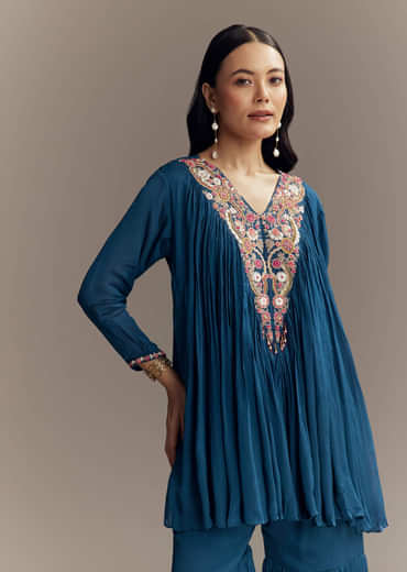 Blue Chinon Indo Western Top And Sharara Set With Moti Work