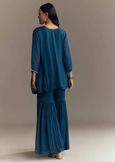 Blue Chinon Indo Western Top And Sharara Set With Moti Work