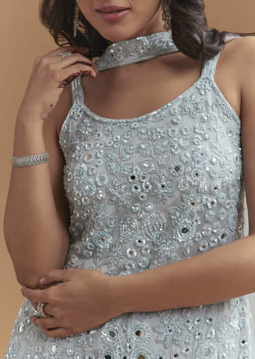 Blue Chinon Palazzo Suit With Intricate Hand Embroidery