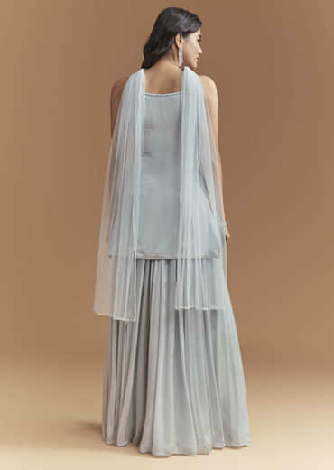 Blue Chinon Palazzo Suit With Intricate Hand Embroidery