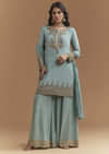 Blue Chinon Palazzo Suit With Moti And Cutdana Embroidery