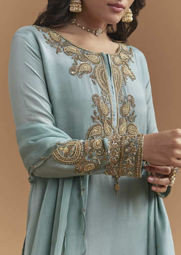 Blue Chinon Palazzo Suit With Moti And Cutdana Embroidery