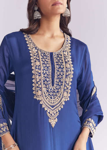 Blue Chinon Sharara Suit With Cutdana And Sequins Embroidery