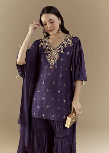 Blue Chinon Silk Sharara Set with Sequin Work