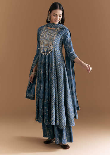 Blue Cotton Embroidered Anarkali Suit With Floral And Paisley Print