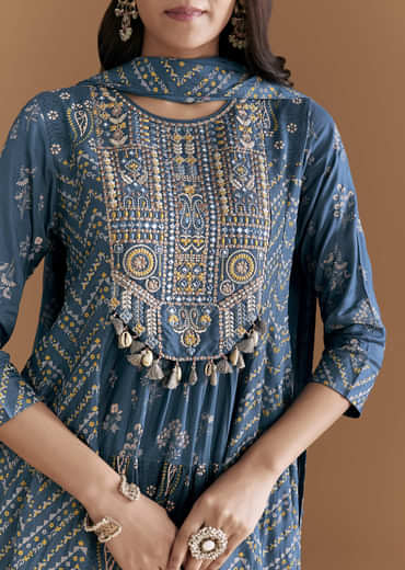 Blue Cotton Embroidered Anarkali Suit With Floral And Paisley Print