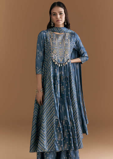 Blue Cotton Embroidered Anarkali Suit With Floral And Paisley Print