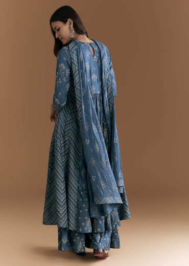 Blue Cotton Embroidered Anarkali Suit With Floral And Paisley Print