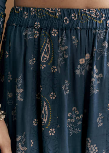 Blue Cotton Embroidered Anarkali Suit With Floral And Paisley Print