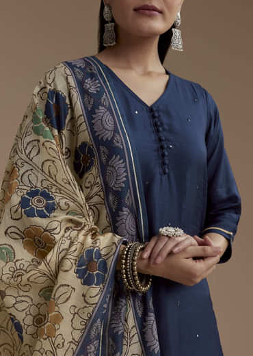 Blue Cotton Foil Mirror Kurta Set with Kalamkari Dupatta