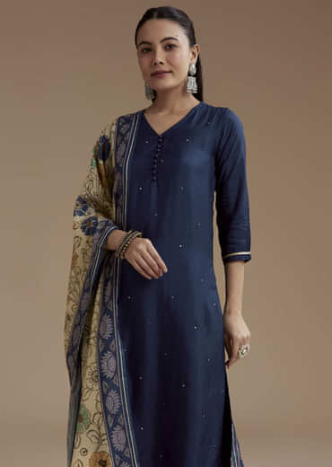 Blue Cotton Foil Mirror Kurta Set with Kalamkari Dupatta
