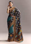 Blue Cotton Hand Painted Saree With Floral Motifs And Brown Border