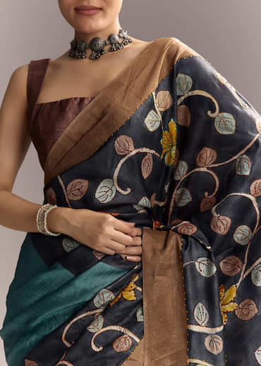 Blue Cotton Hand Painted Saree With Floral Motifs And Brown Border