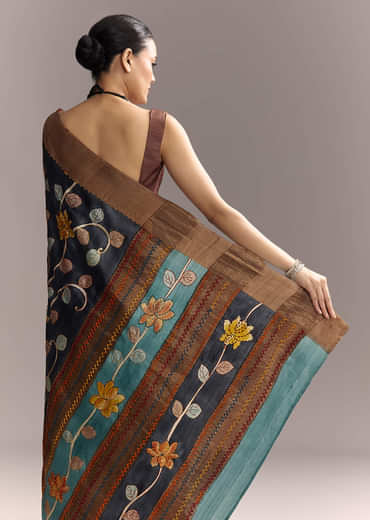 Blue Cotton Hand Painted Saree With Floral Motifs And Brown Border