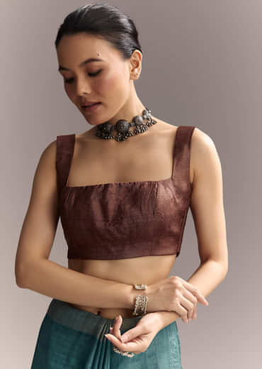 Blue Cotton Hand Painted Saree With Floral Motifs And Brown Border