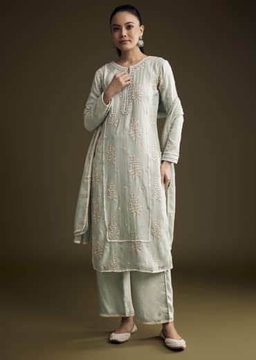 Blue Cotton Kurta Set With Intricate Resham Embroidery