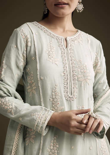 Blue Cotton Kurta Set With Intricate Resham Embroidery