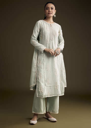 Blue Cotton Kurta Set With Intricate Resham Embroidery
